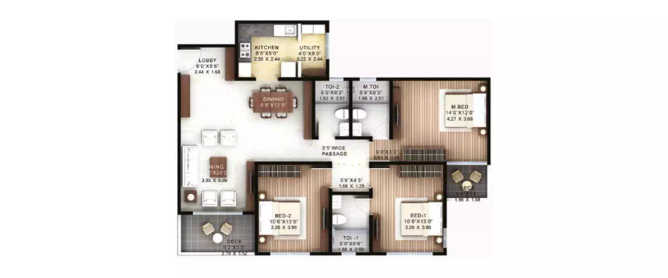 Hiranandani Calgary Devanahalli - Floor plan 3 BHK 1173 Sq.ft