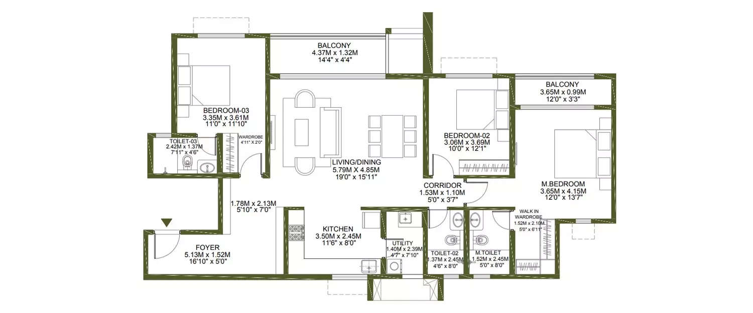 Floor plan for 3 BHK
