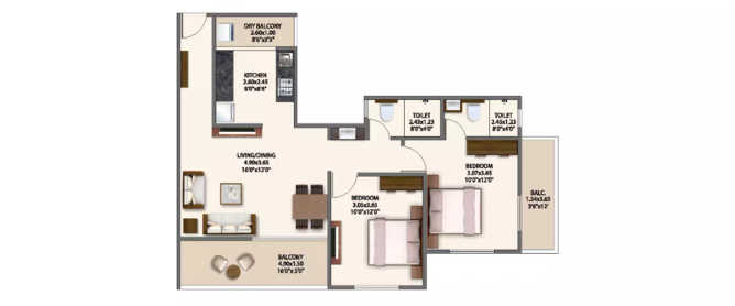 Mantra 99 Riverfront Baner - Floor plan 2 BHK 631 Sq.ft
