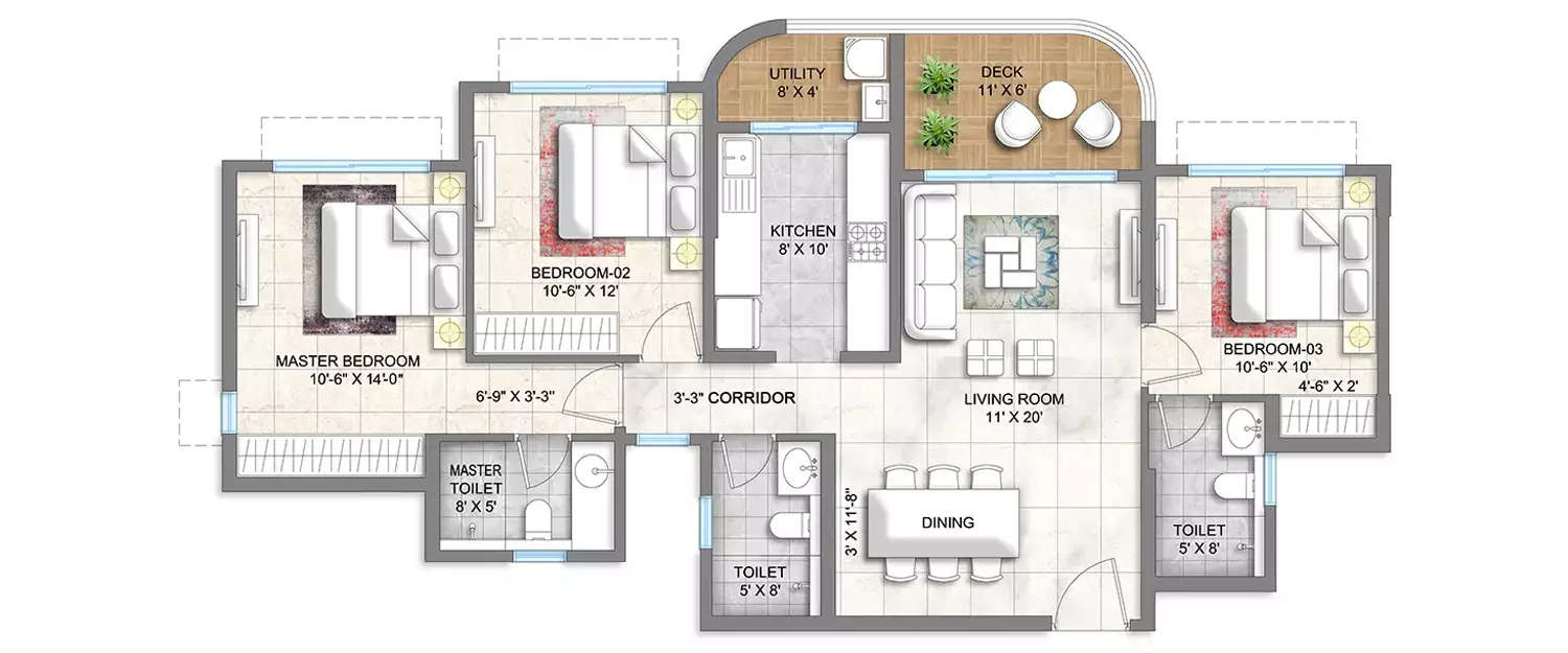 Floor plan for 3 BHK