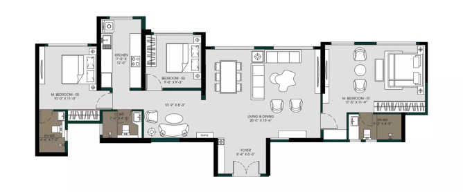 MICL Aaradhya Parkwood Mira Bhayandar - Floor plan 3 BHK 1140 Sq.ft