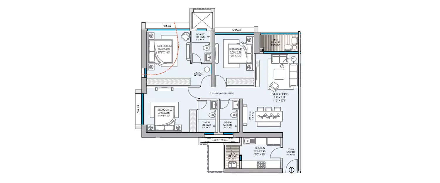 Floor plan for 3 BHK