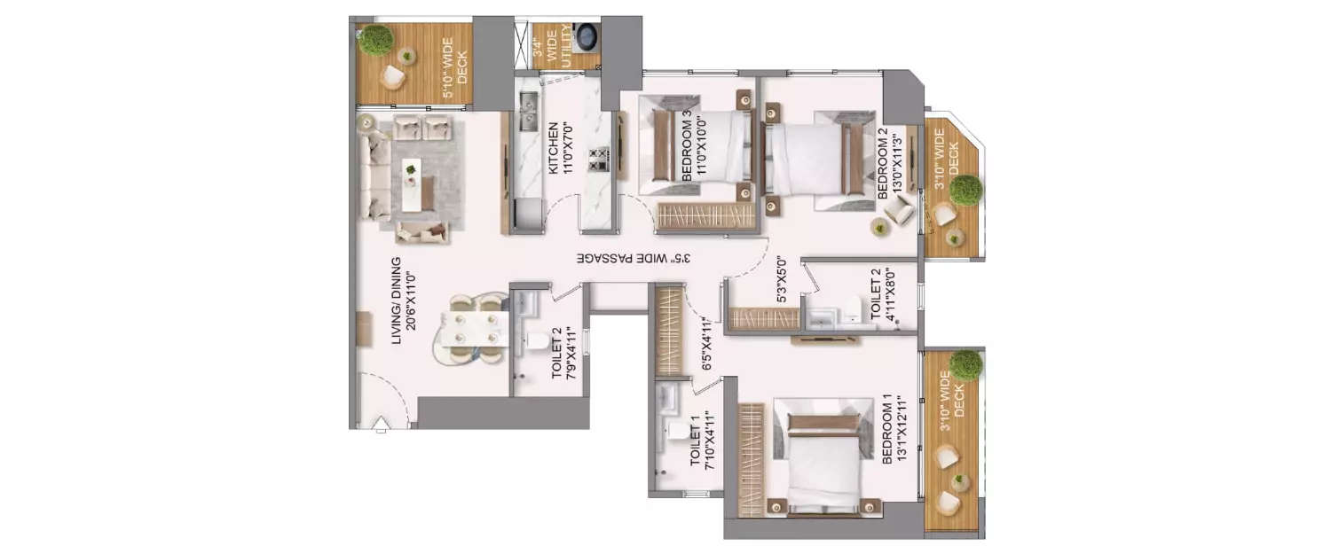 Floor plan for 3 BHK