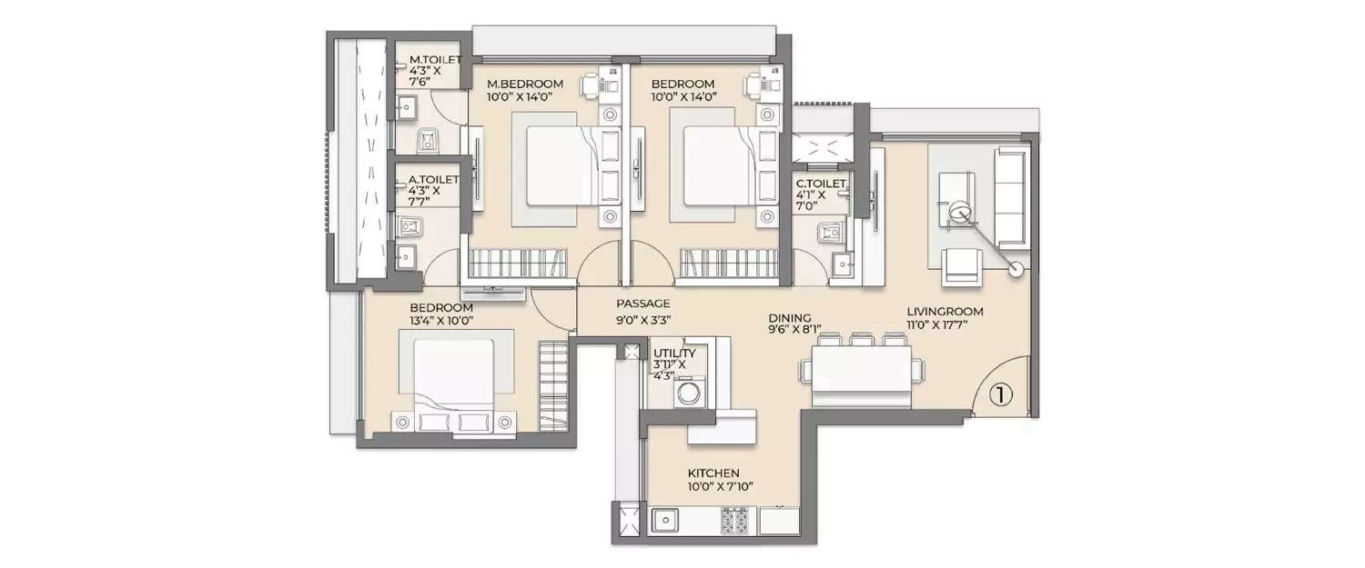 Floor plan for 3 BHK