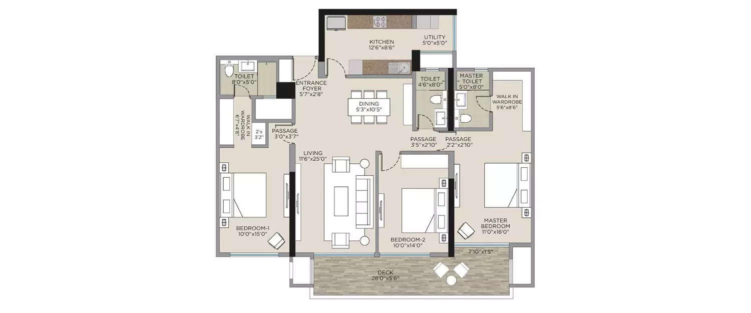 Floor plan for 3 BHK