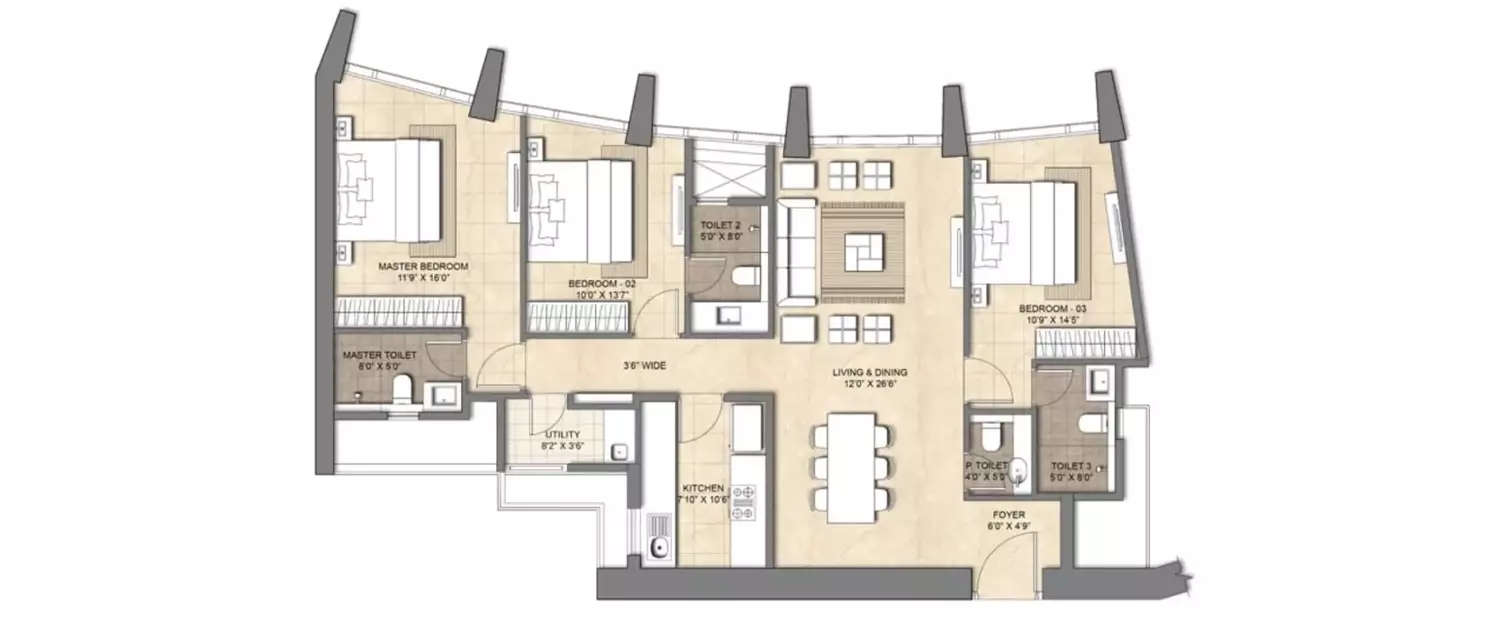 Floor plan for 3 BHK