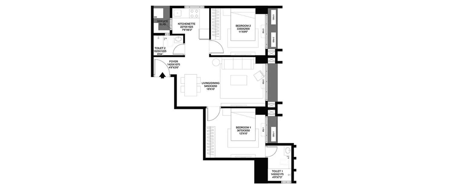 Floor plan for 2 BHK