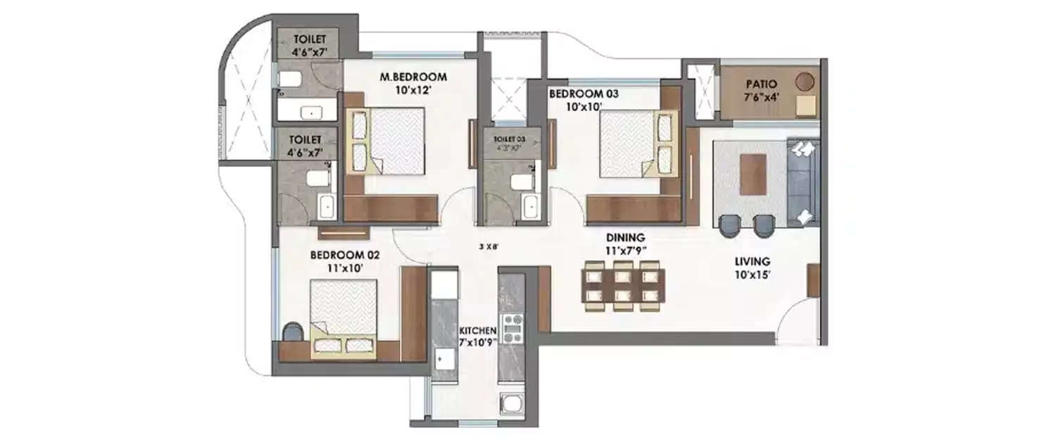 Floor plan for 3 BHK