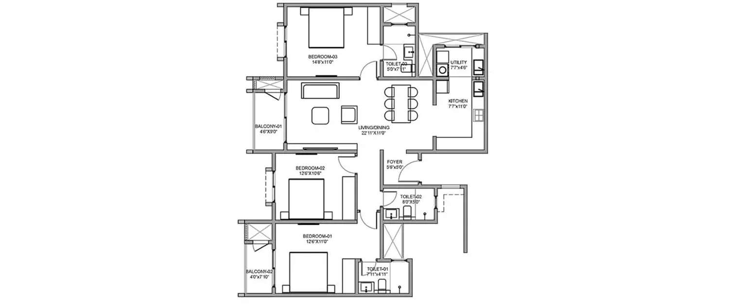 Floor plan for 3 BHK