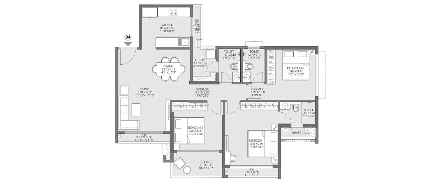 Floor plan for 3 BHK