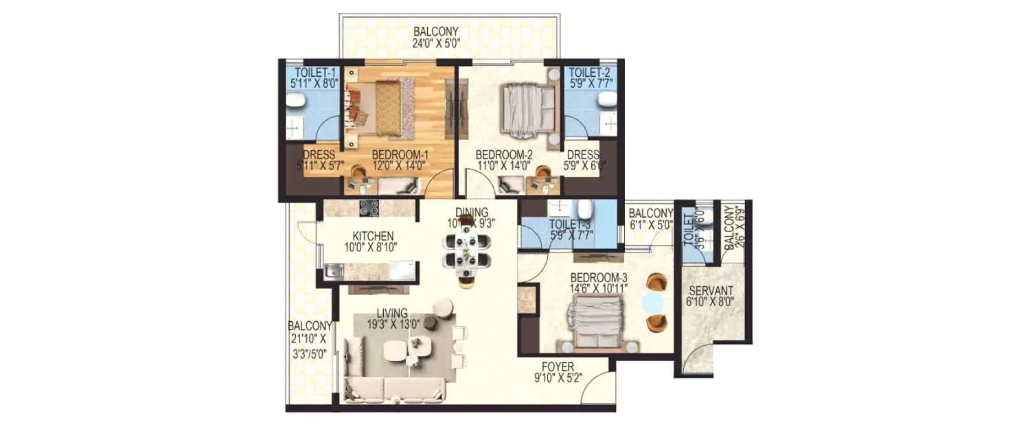 Floor plan for 3 BHK