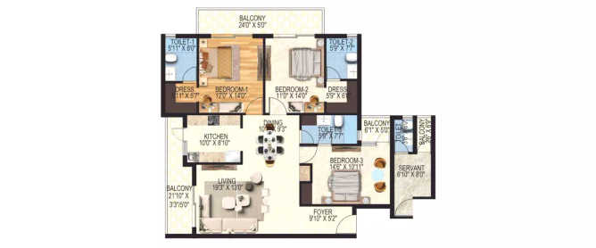 ORO Constella Sushant Golf City - Floor plan 3 BHK 1351 Sq.ft