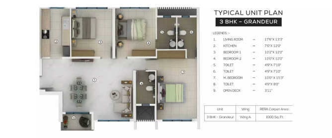 Purva Clermont Chembur - Floor plan 3 BHK 1000 Sq.ft