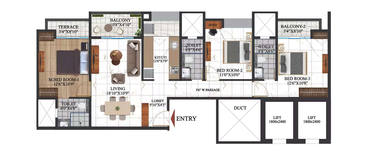 Floor plan for 3 BHK