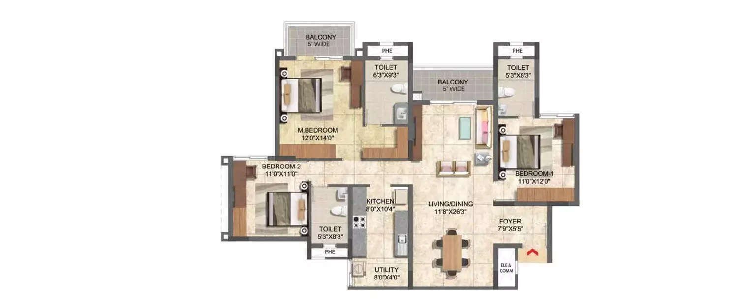 Floor plan for 3 BHK