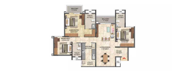 Prestige Boulevard Whitefield - Floor plan 3 BHK 1164 Sq.ft