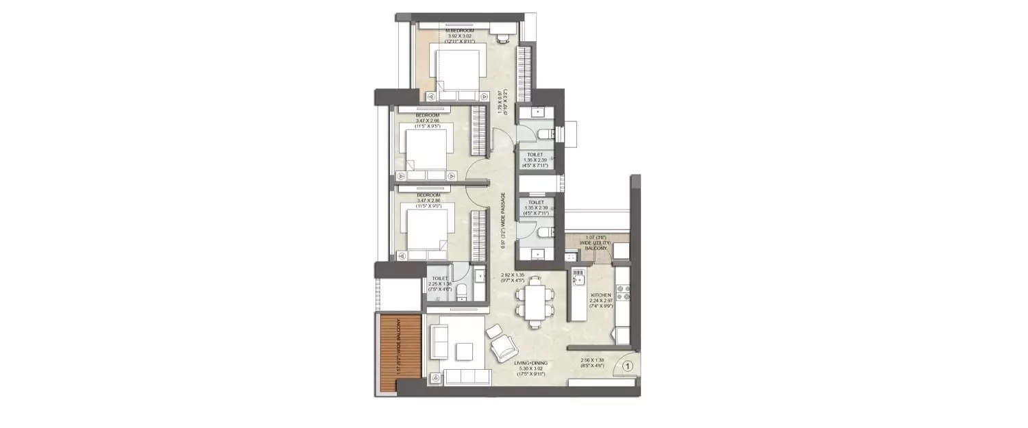 Floor plan for 3 BHK