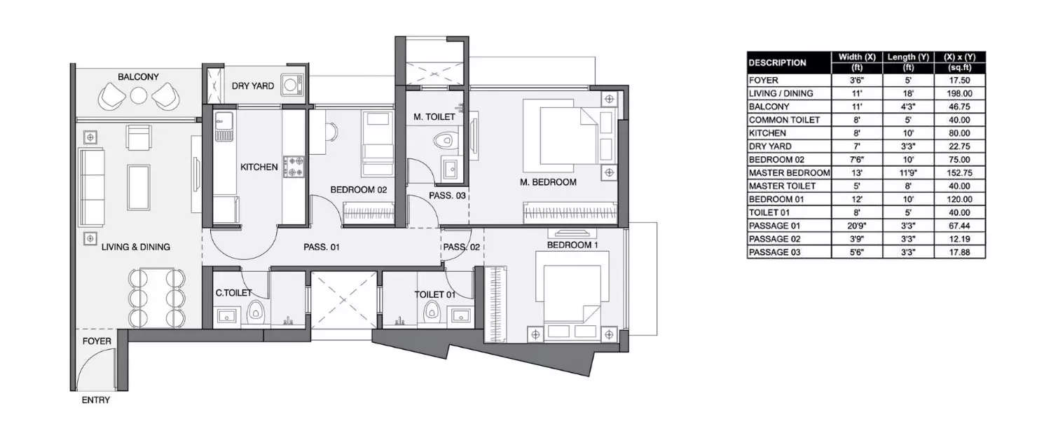 Floor plan for 3 BHK