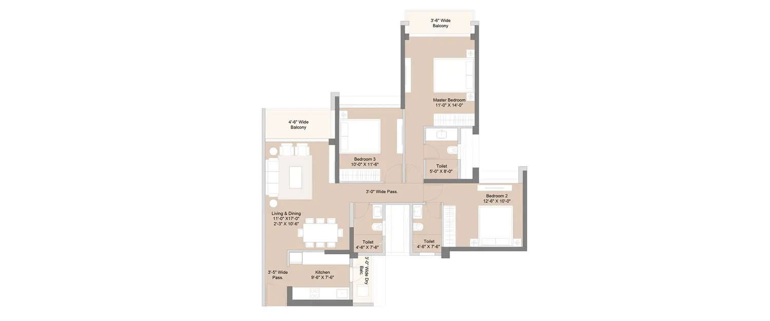 Floor plan for 3 BHK