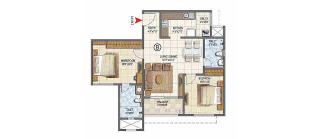 Prestige Lake Ridge Uttarahalli - Floor plan 2 BHK 806 Sq.ft