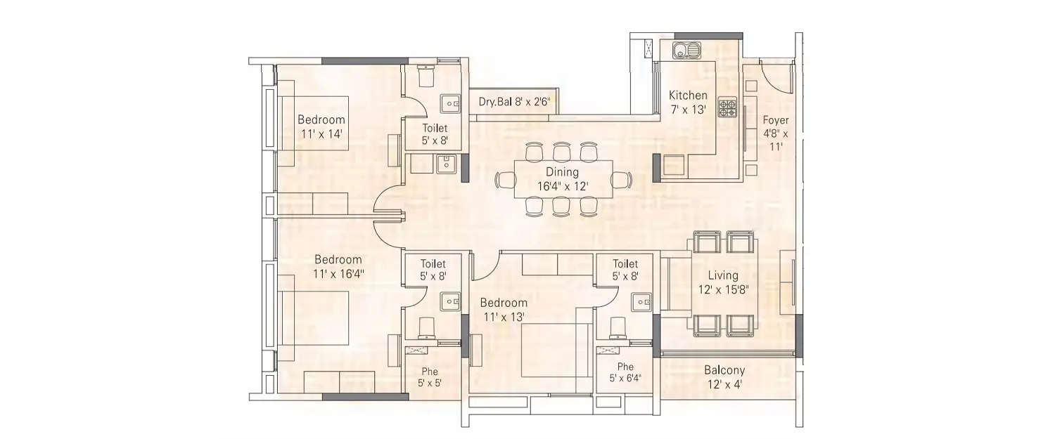 Floor plan for 3 BHK
