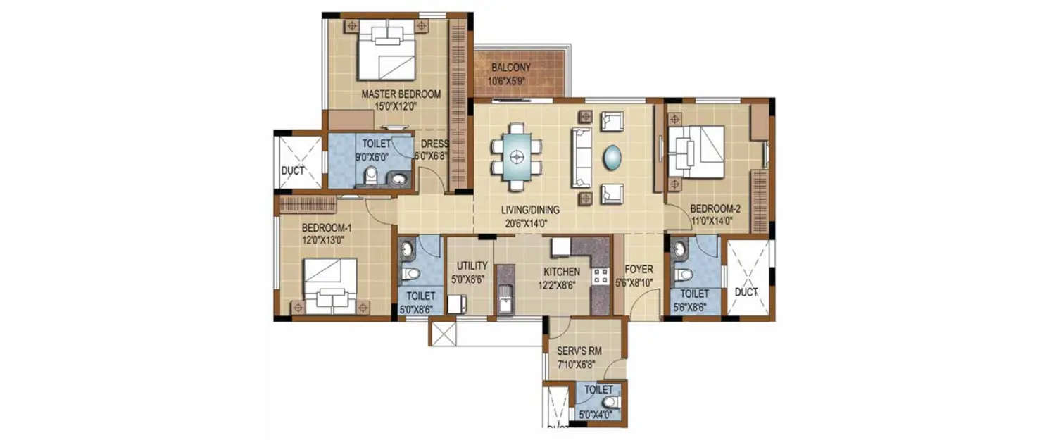 Floor plan for 3 BHK