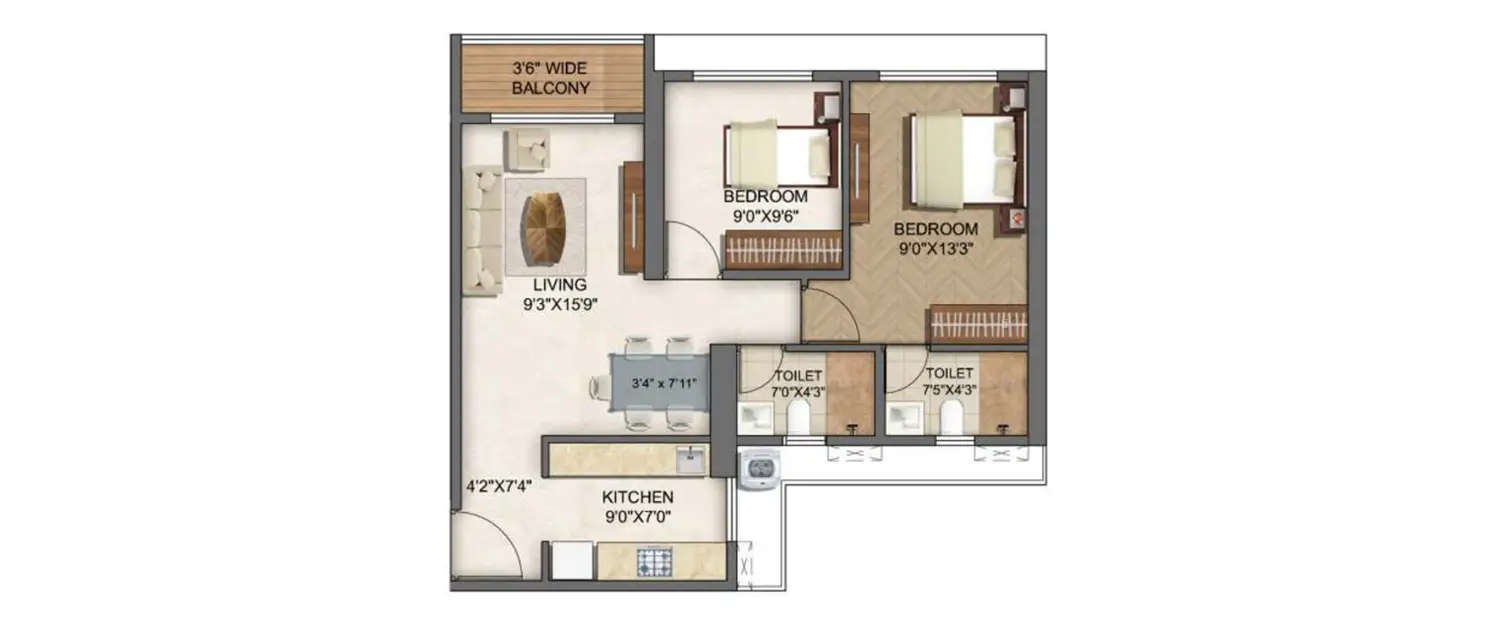 Floor plan for 2 BHK