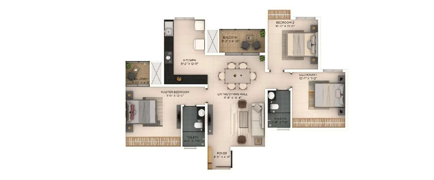 Floor plan for 3 BHK