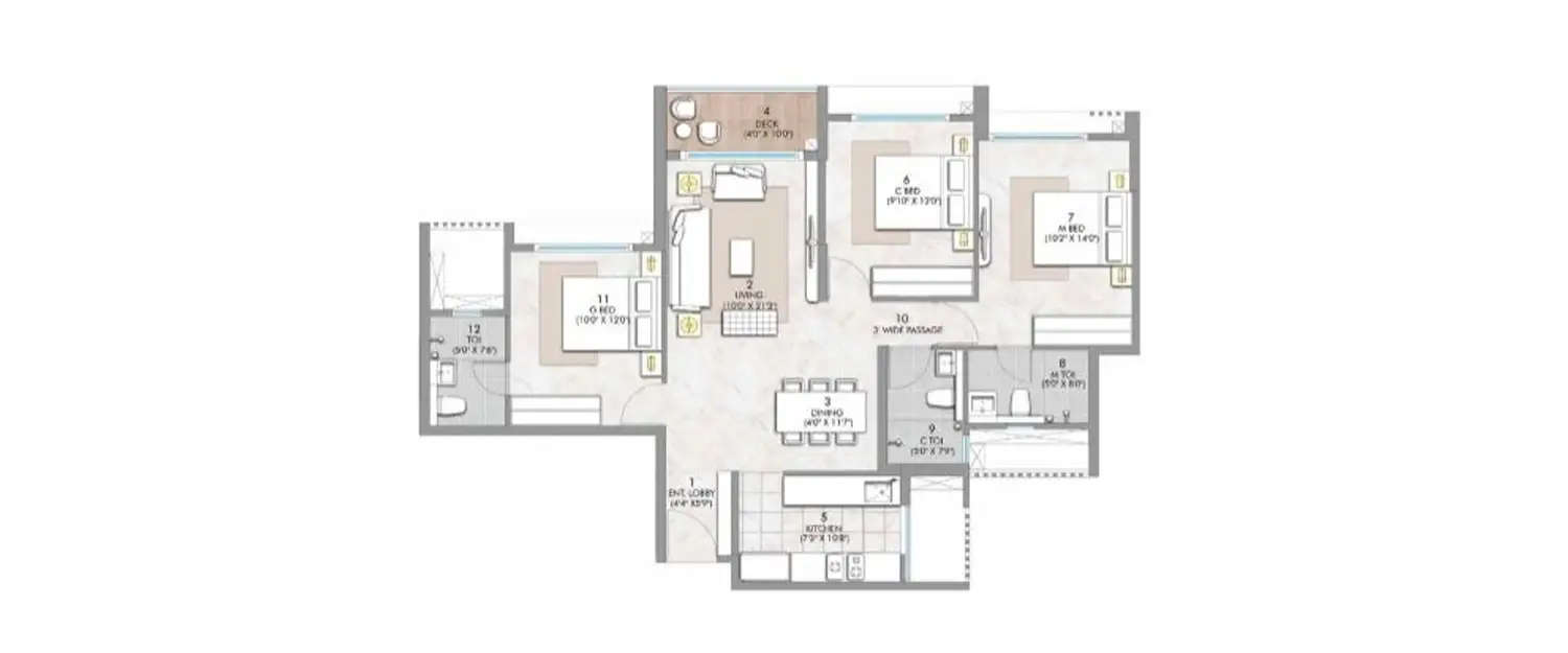 Floor plan for 3 BHK