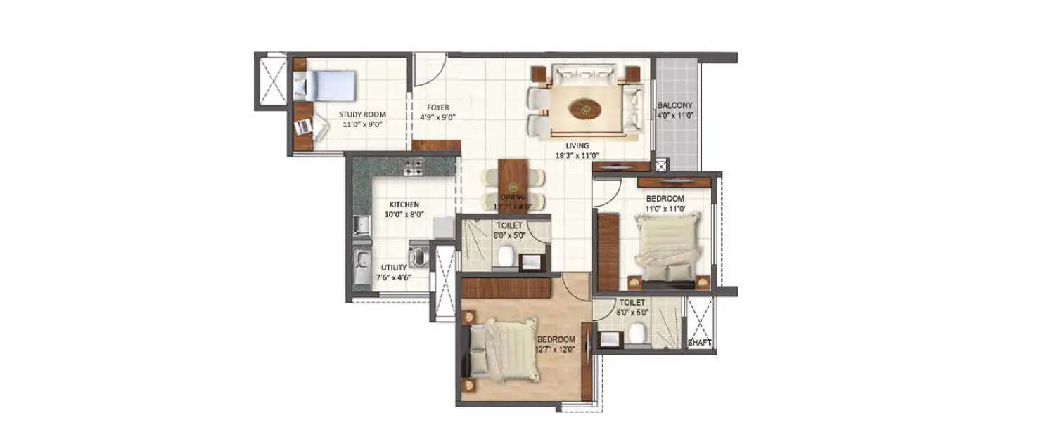 Floor plan for 3 BHK
