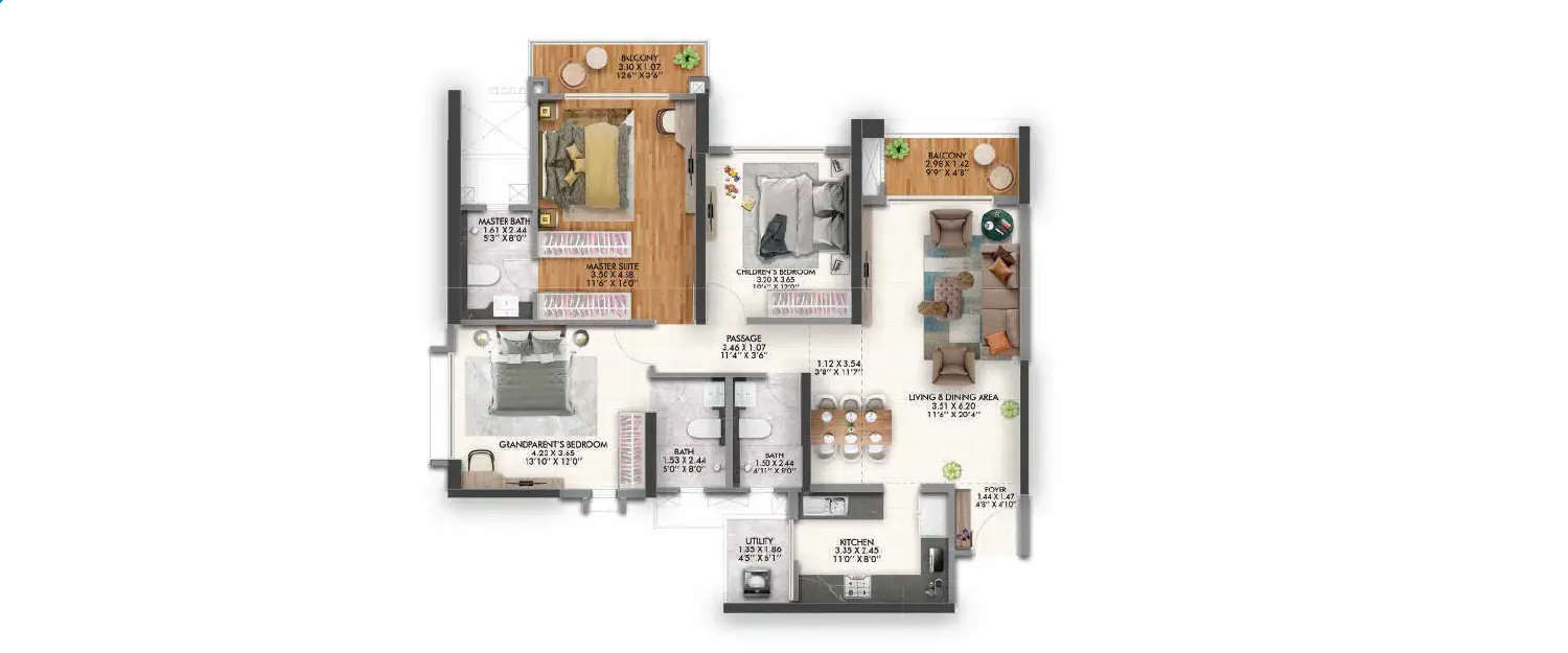 Floor plan for 3 BHK