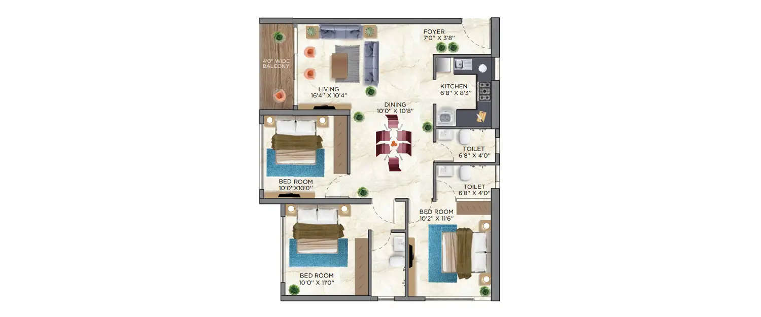 Floor plan for 3 BHK