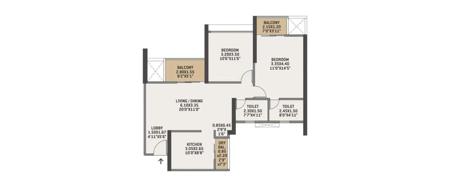 Floor plan for 2 BHK