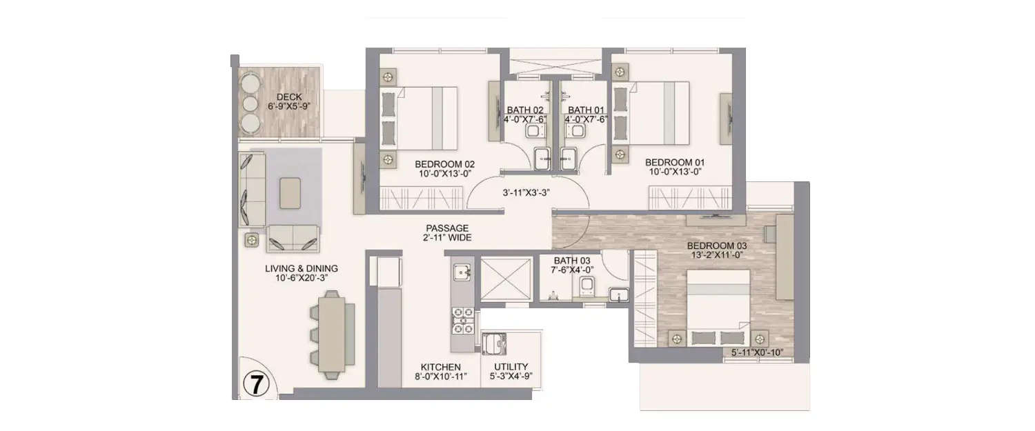Floor plan for 3 BHK