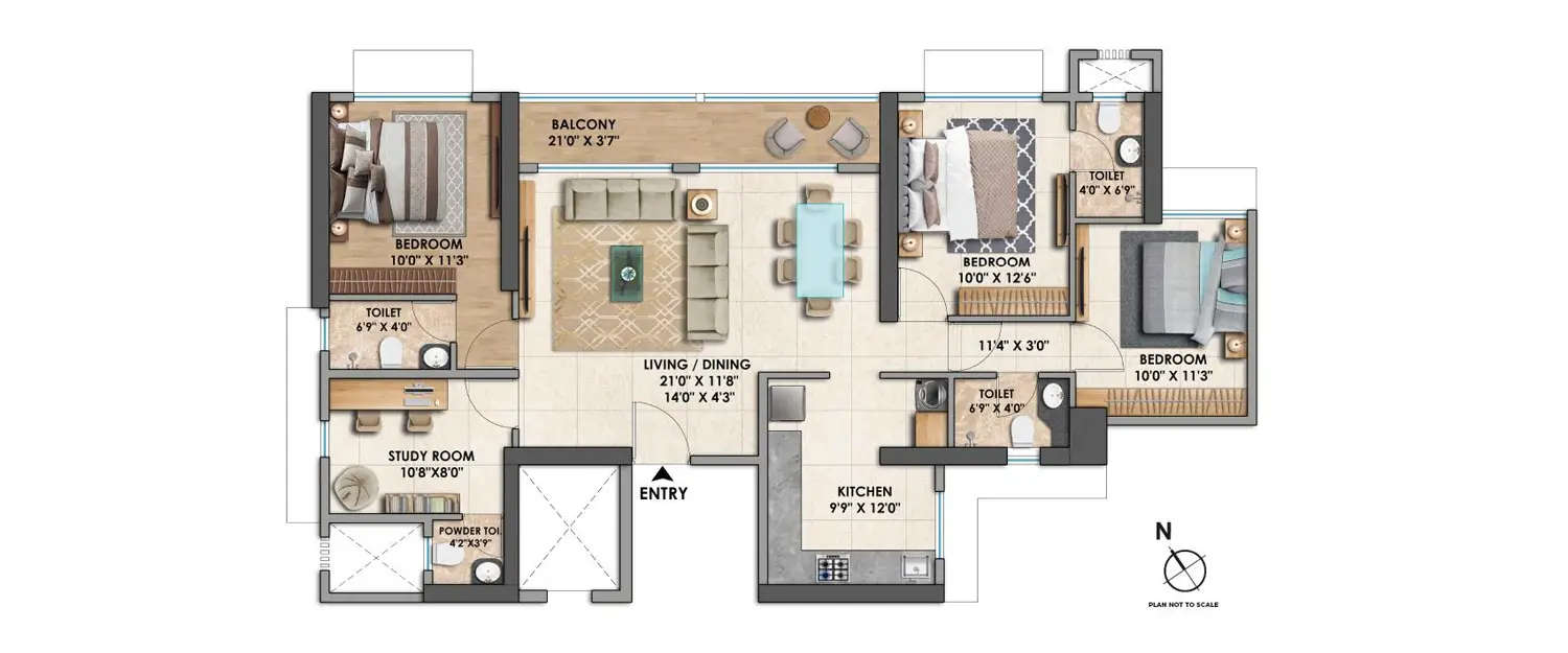 Floor plan for 3 BHK