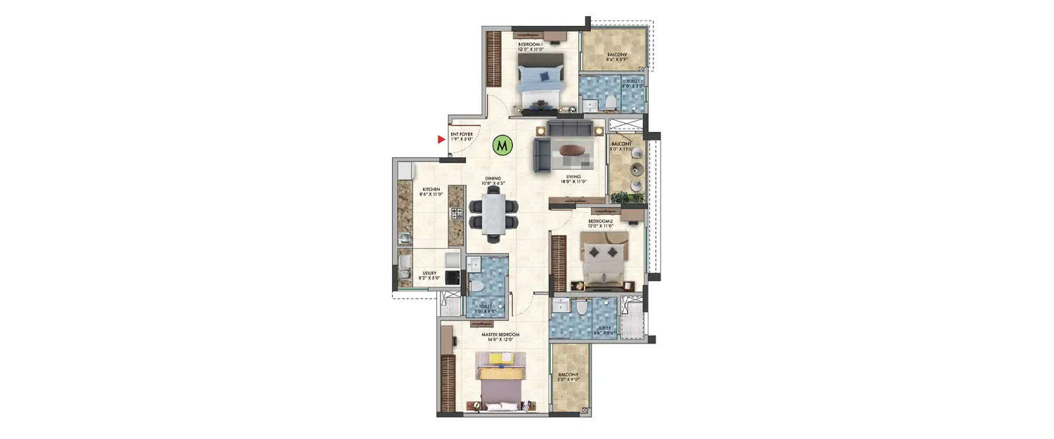 Floor plan for 3 BHK