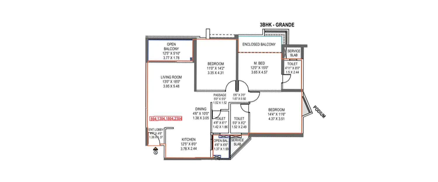 Floor plan for 3 BHK