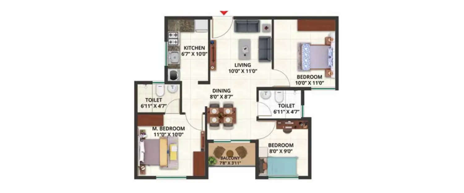 Floor plan for 3 BHK