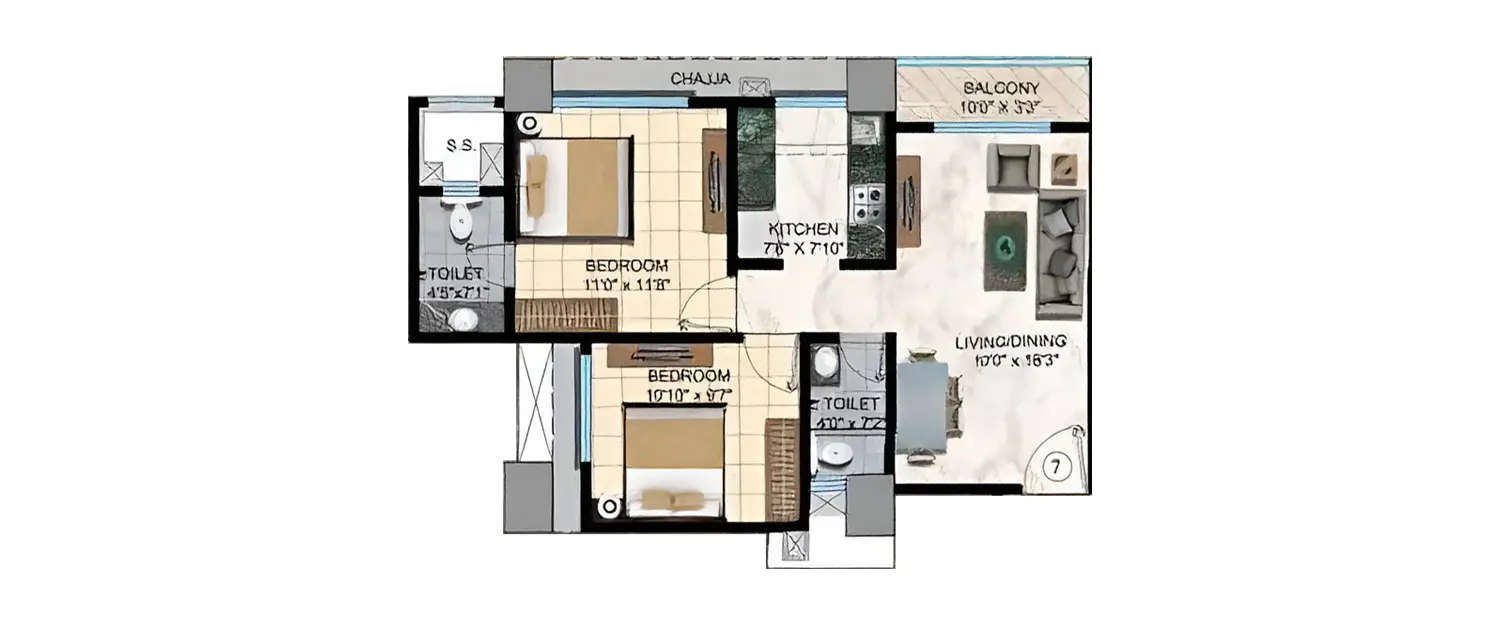 Floor plan for 2 BHK