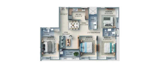 F Residences Merlin Rajarhat - Floor plan 4 BHK 1400 Sq.ft
