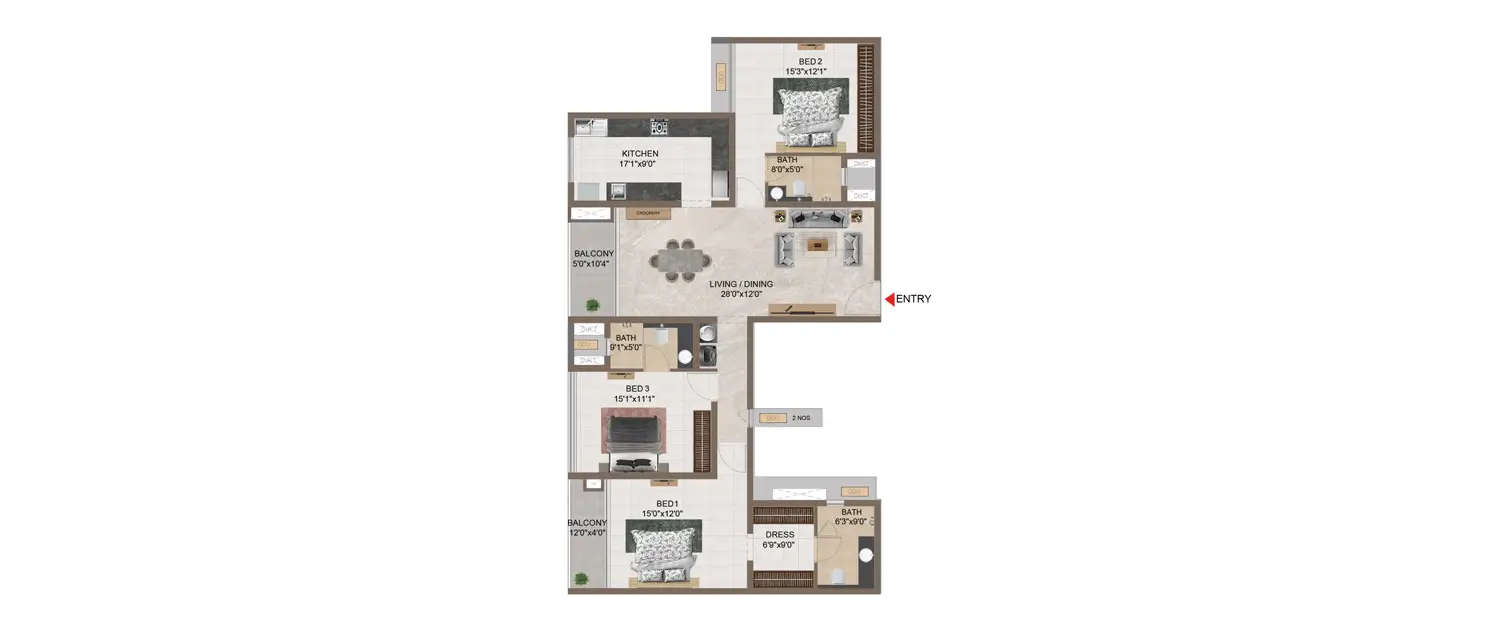 Floor plan for 3 BHK