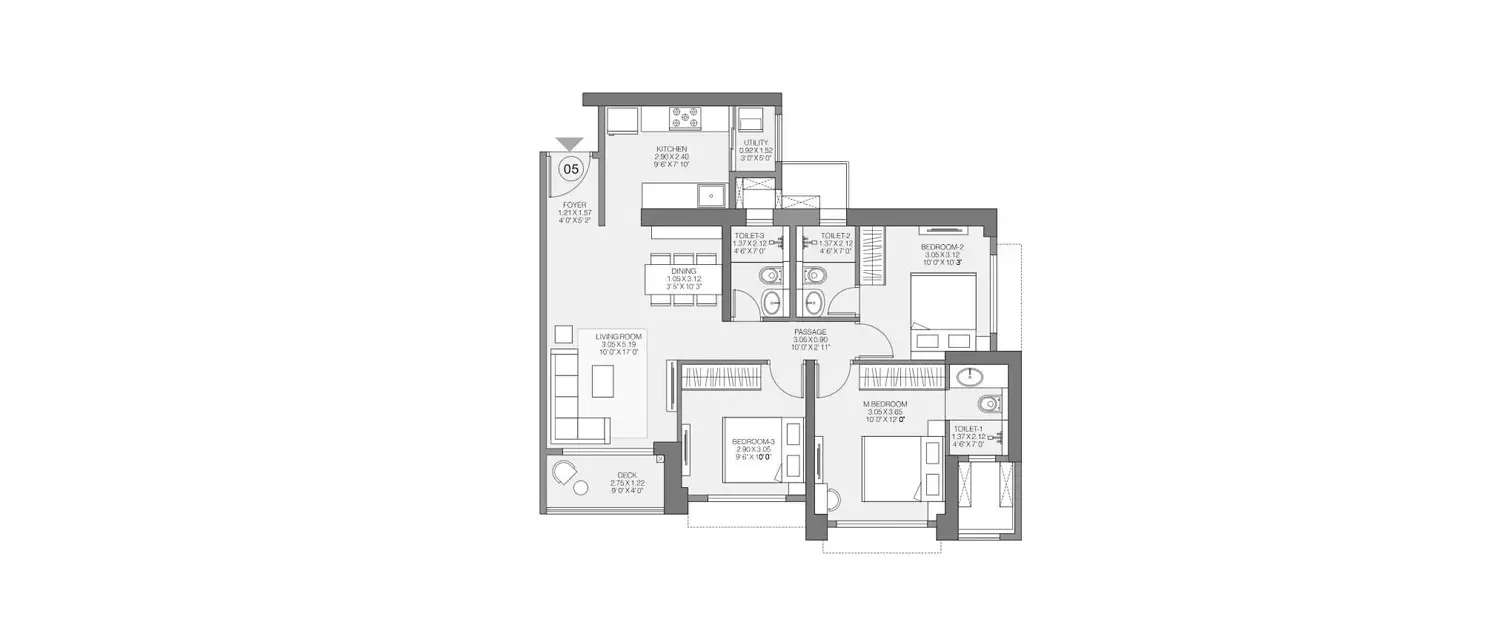 Floor plan for 3 BHK