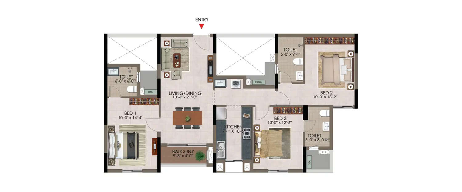 Floor plan for 3 BHK