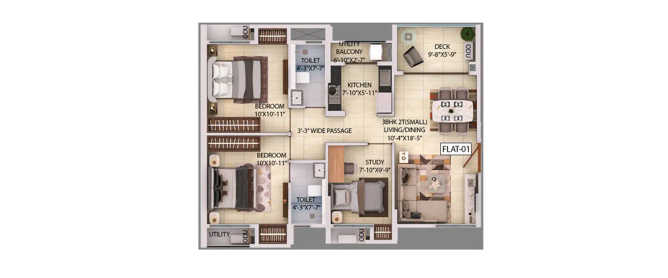 Srijan Optima Rajarhat - Floor plan 3 BHK 1202 Sq.ft