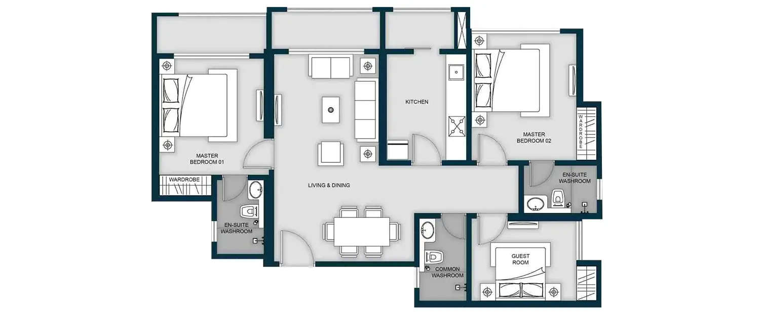 Floor plan for 3 BHK