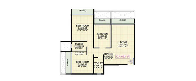 Gami Asters Ghansoli - Floor plan 2 BHK 692 Sq.ft