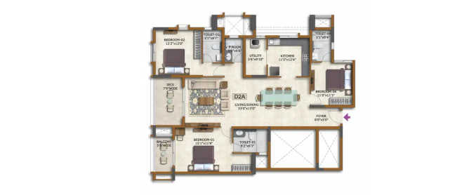 Prestige Waterford Whitefield - Floor plan 3 BHK 1380 Sq.ft