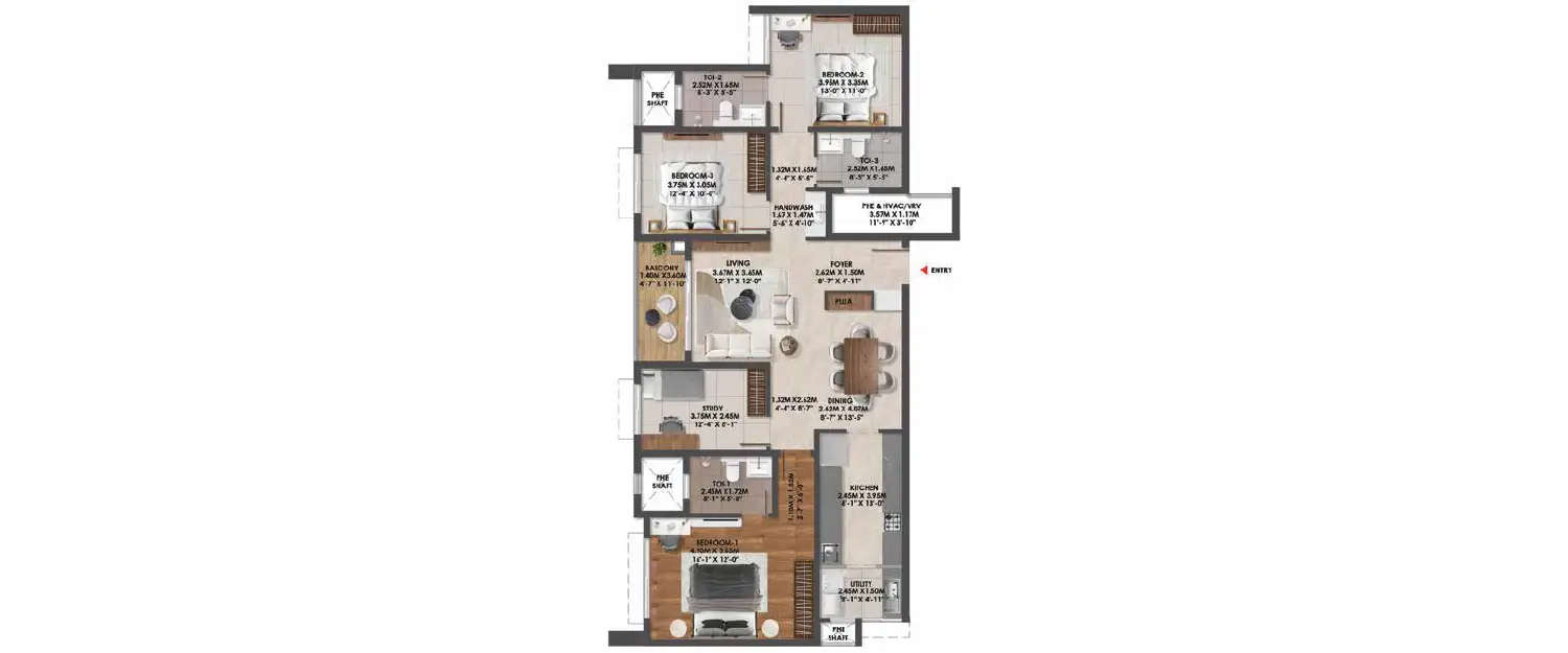 Floor plan for 3 BHK