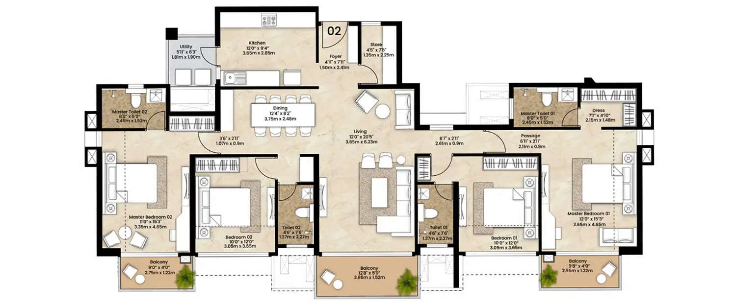 Floor plan for 4 BHK