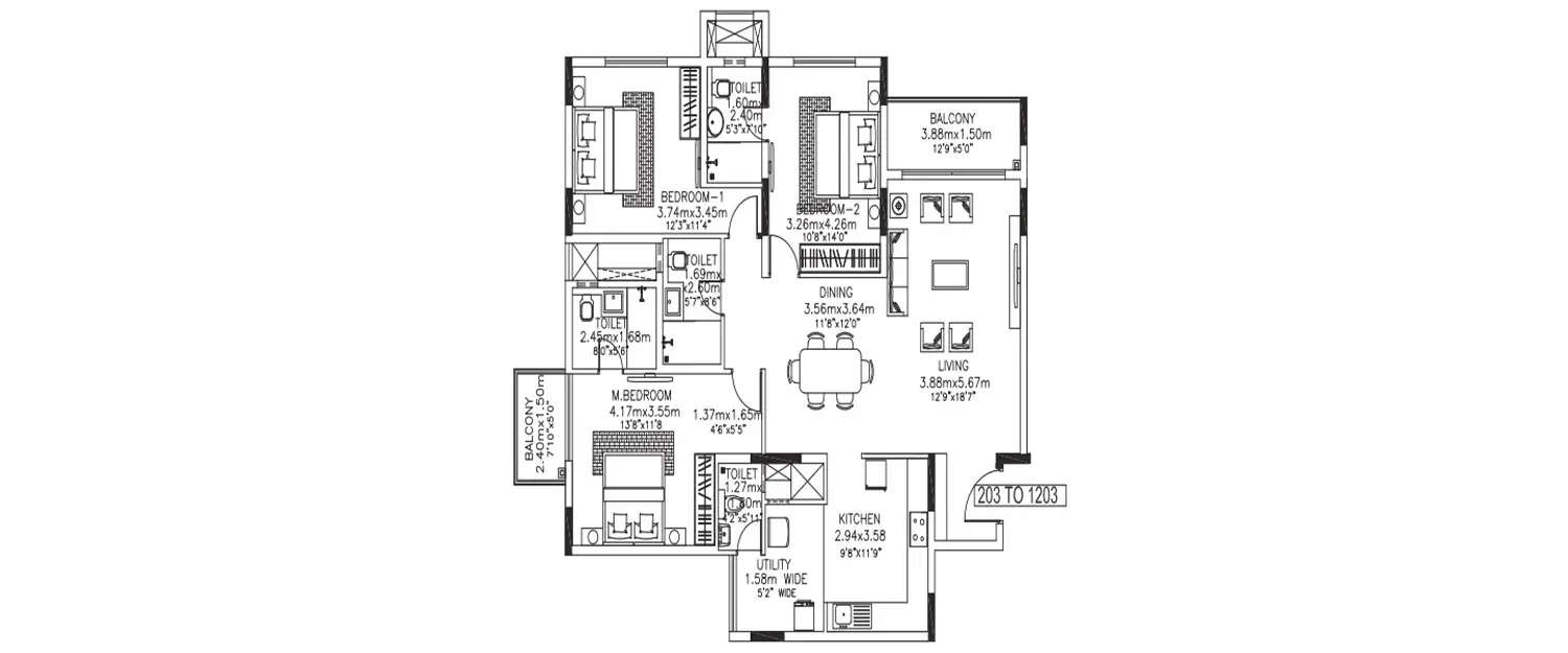 Floor plan for 3 BHK